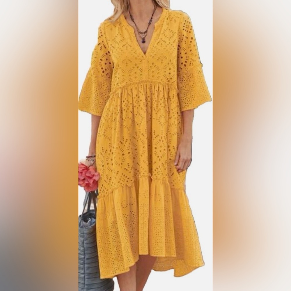 Sundance Yellow eyelet embroidered Midi Dress XS Boho Prairie Cottagecore